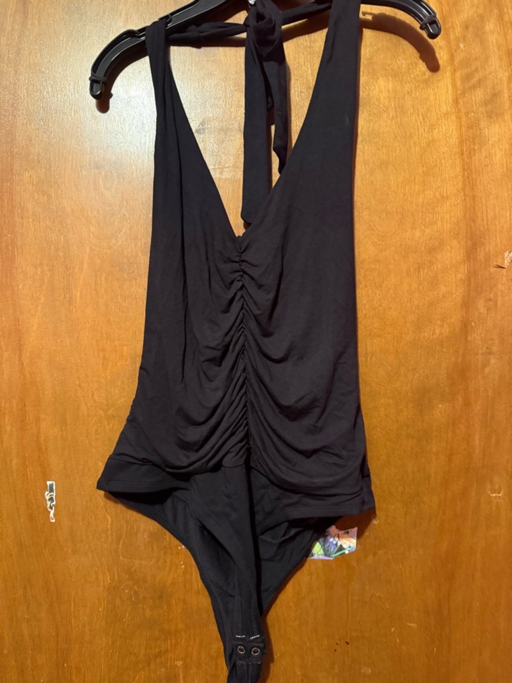 Black One-Piece Bodysuit - Halter Ruched Front